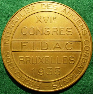 Belgium, Great War, Allied Veterans Federation, 16th Congress, Brussels 1935, large bronze medal