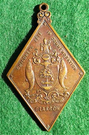 Glasgow, Diamond Jubilee 1897, Childrens Fete Commemoration, diamond-shaped bronze medal by Vaughton