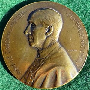 Belgium, Great War, Cardinal Mercier, bronze laudatory medal 1914 by J Jourdain