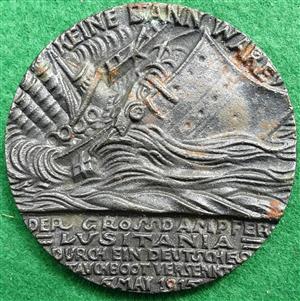 British Lusitania Medal 1915, iron, after Karl Goetz, in original box with propaganda leaflet