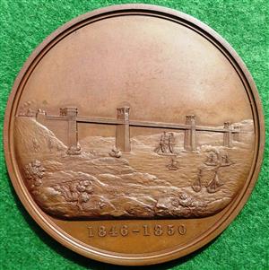 Wales, Menai Strait, Robert Stephenson’s tubular bridge completed 1850, bronze medal by L C Wyon