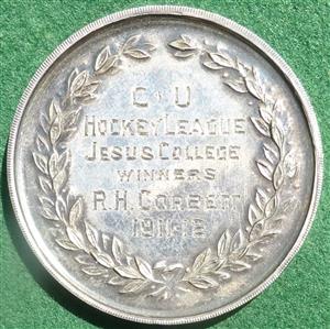 Cambridge University, Hockey League, silver prize medal by Munsey, awarded 1912 to R H Corbett (Jesus College)