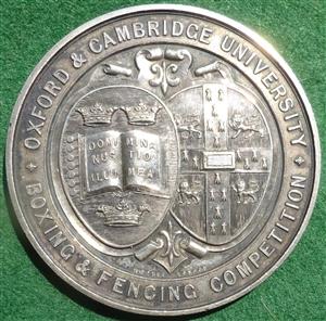 Oxford & Cambridge University, Boxing & Fencing Competition, silver prize medal by Pinches, awarded 1902 to G B Carlisle (Worcester College, Oxford)