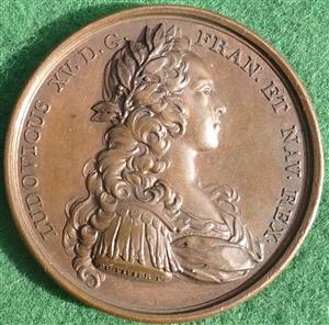 France, Louis XV, Majority at 14, bronze medal 1723 by Duvivier and J Le Blanc