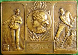 France, Agricultural rectangular plaquette medal circa 1900, by Arthus Bertrand, bronze