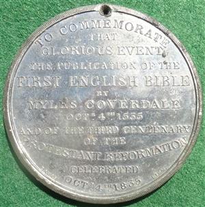 Myles Coverdale, Bishop of Exeter, Tercentenary of English Bible 1835, white metal medal