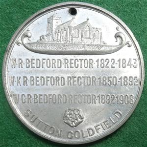 Sutton Coldfield Trinity Monday 1908, white metal medal by Vaughton