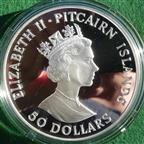 Pitcairn Island, Bicentenary of First Settlement (HMAV Bounty) 1790-1990, medallic fine silver proof 50-Dollars, 65mm, 155.6g (5oz)