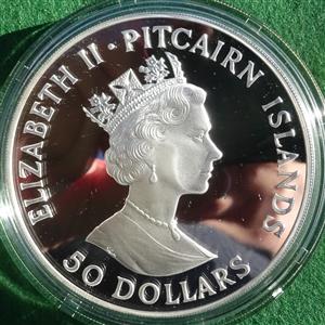 Pitcairn Island, Bicentenary of First Settlement (HMAV Bounty) 1790-1990, medallic fine silver proof 50-Dollars, 65mm, 155.6g (5oz)