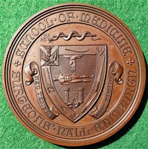 Surgeons Hall, Edinburgh, School of Medicine, bronze prize medal (awarded 1900), arms with medical symbols, rev. awarded to J B Dunlop