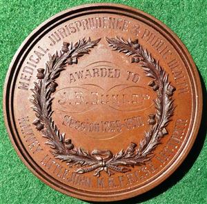 Surgeons Hall, Edinburgh, School of Medicine, bronze prize medal (awarded 1900), arms with medical symbols, rev. awarded to J B Dunlop