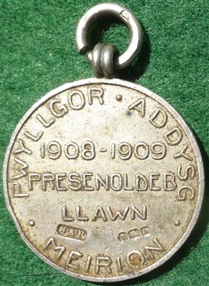 Wales, Merioneth, silver School Attendance Medal 1908-1909 by Restall