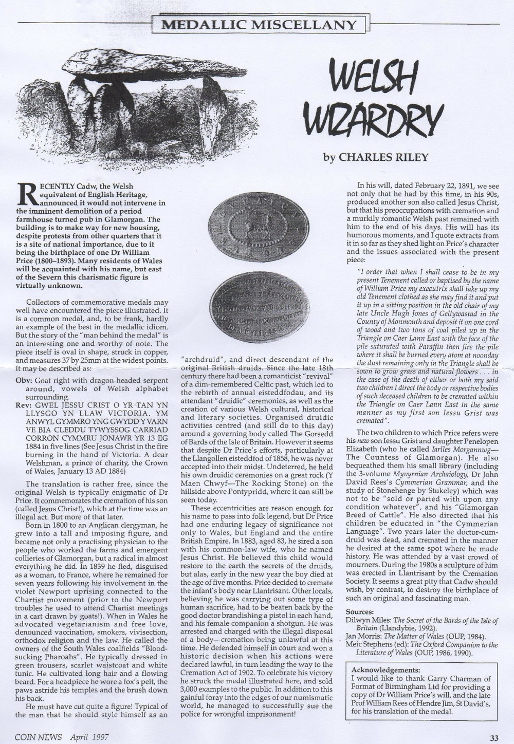 William Price medal Coin News 1997